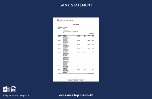 modello word di estratto conto della Banca delle Maldive in stile verificato